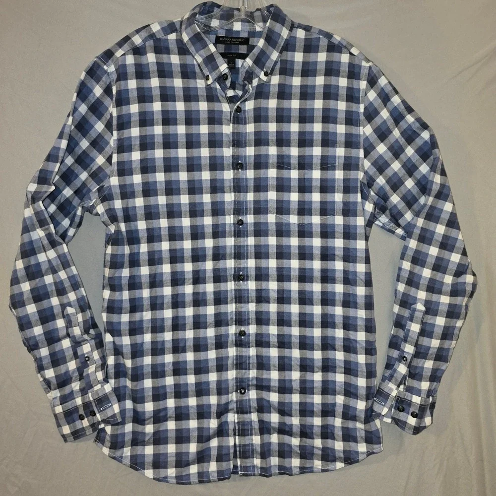 Banana Republic Luxe Flannel Shirt Large Men Blue Check Slim Fit Button Down